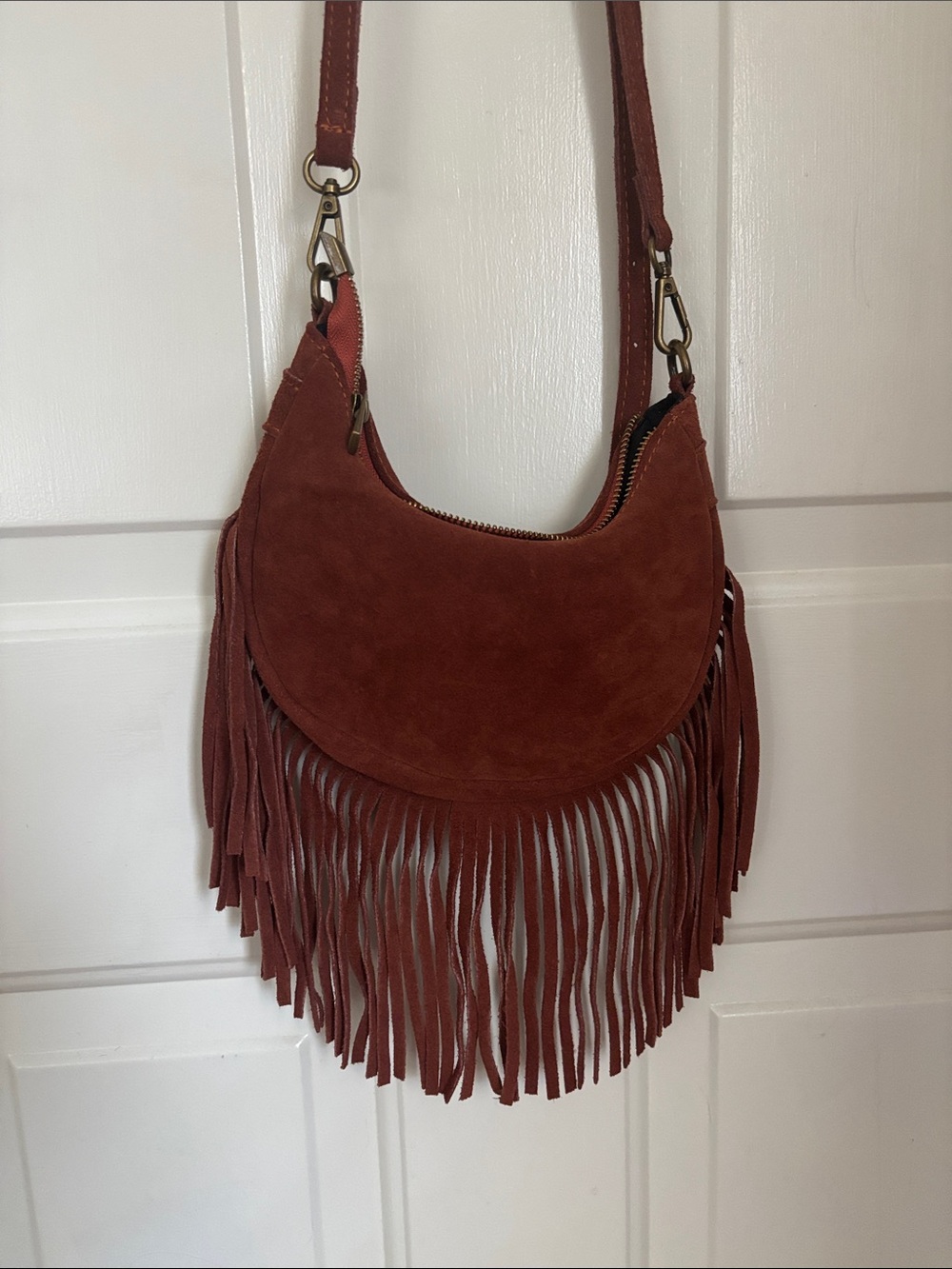 Made in Italy Fringed Suede Shoulder Bag in Rust